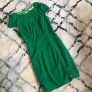 Green cap sleeve, open back cocktail dress